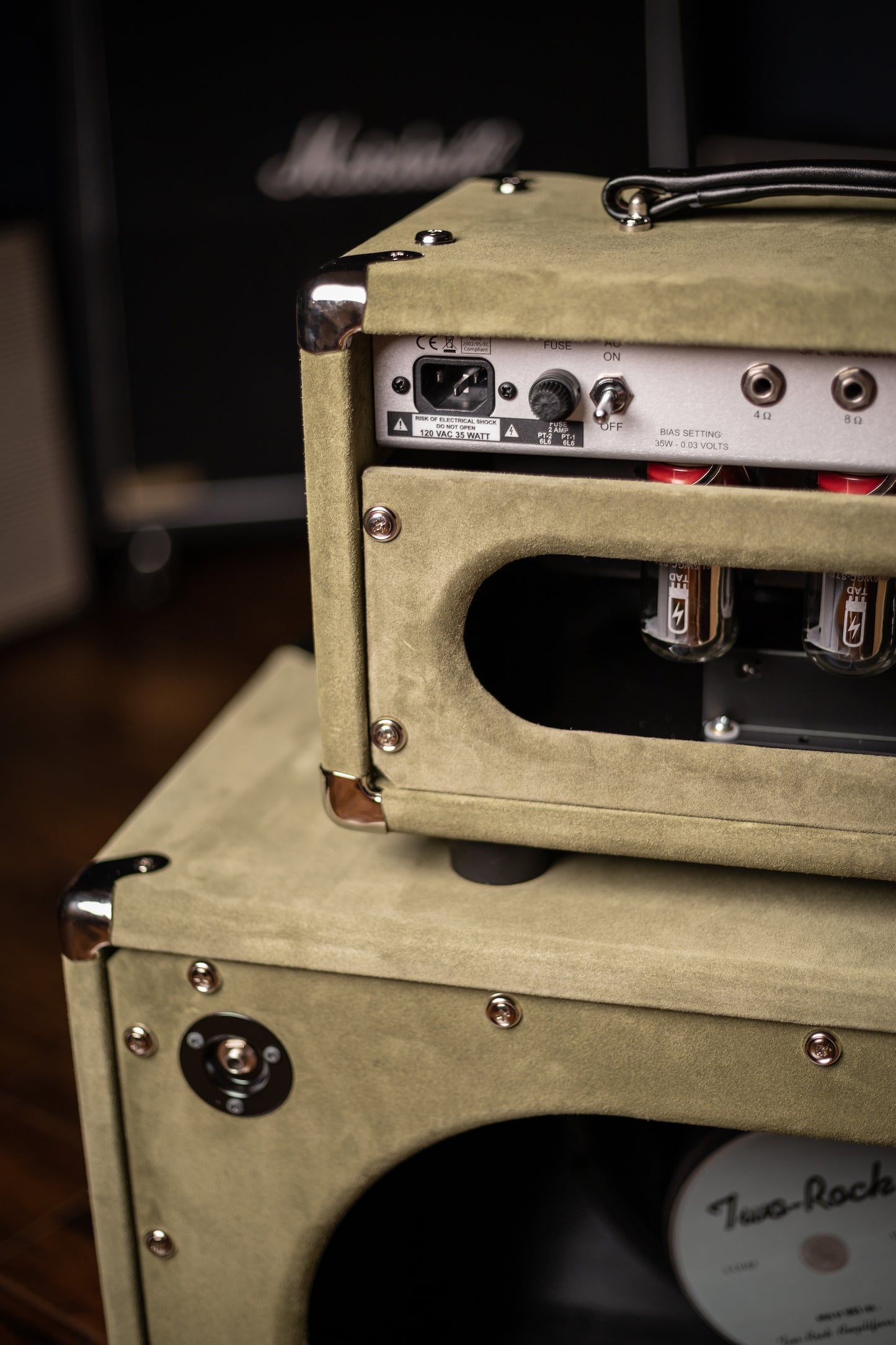 Two-Rock Studio Signature 35 Watt Tube Head and 12-65B 1x12 Extension Cabinet - Moss Green Suede, Silver Chassis, Vintage Gold Grill, Silver Knobs