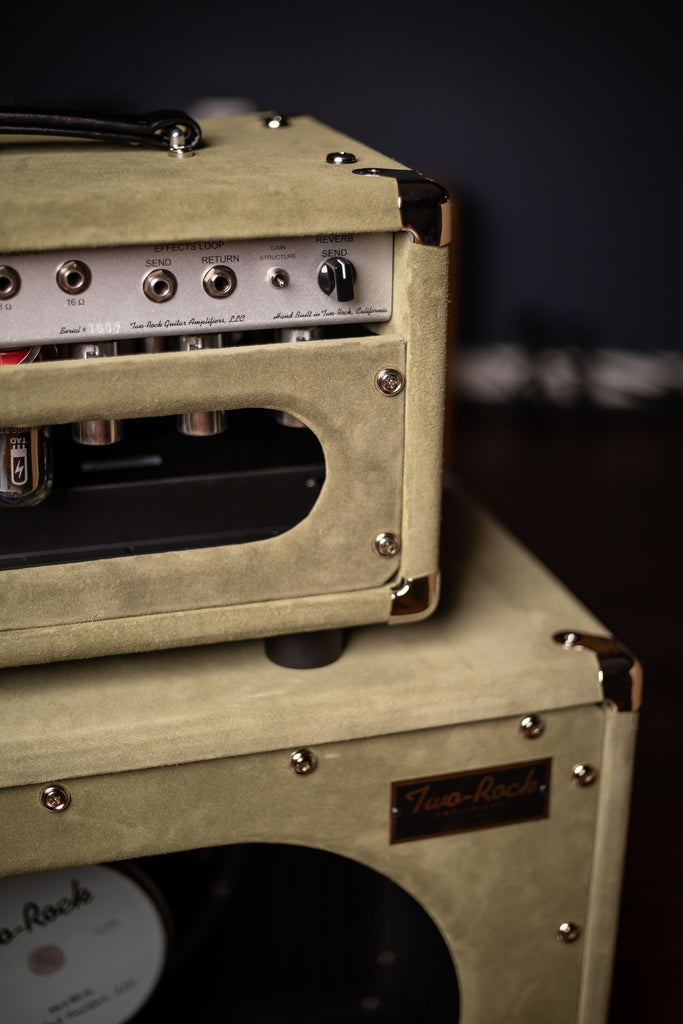 Two-Rock Studio Signature 35 Watt Tube Head and 12-65B 1x12 Extension Cabinet - Moss Green Suede, Silver Chassis, Vintage Gold Grill, Silver Knobs