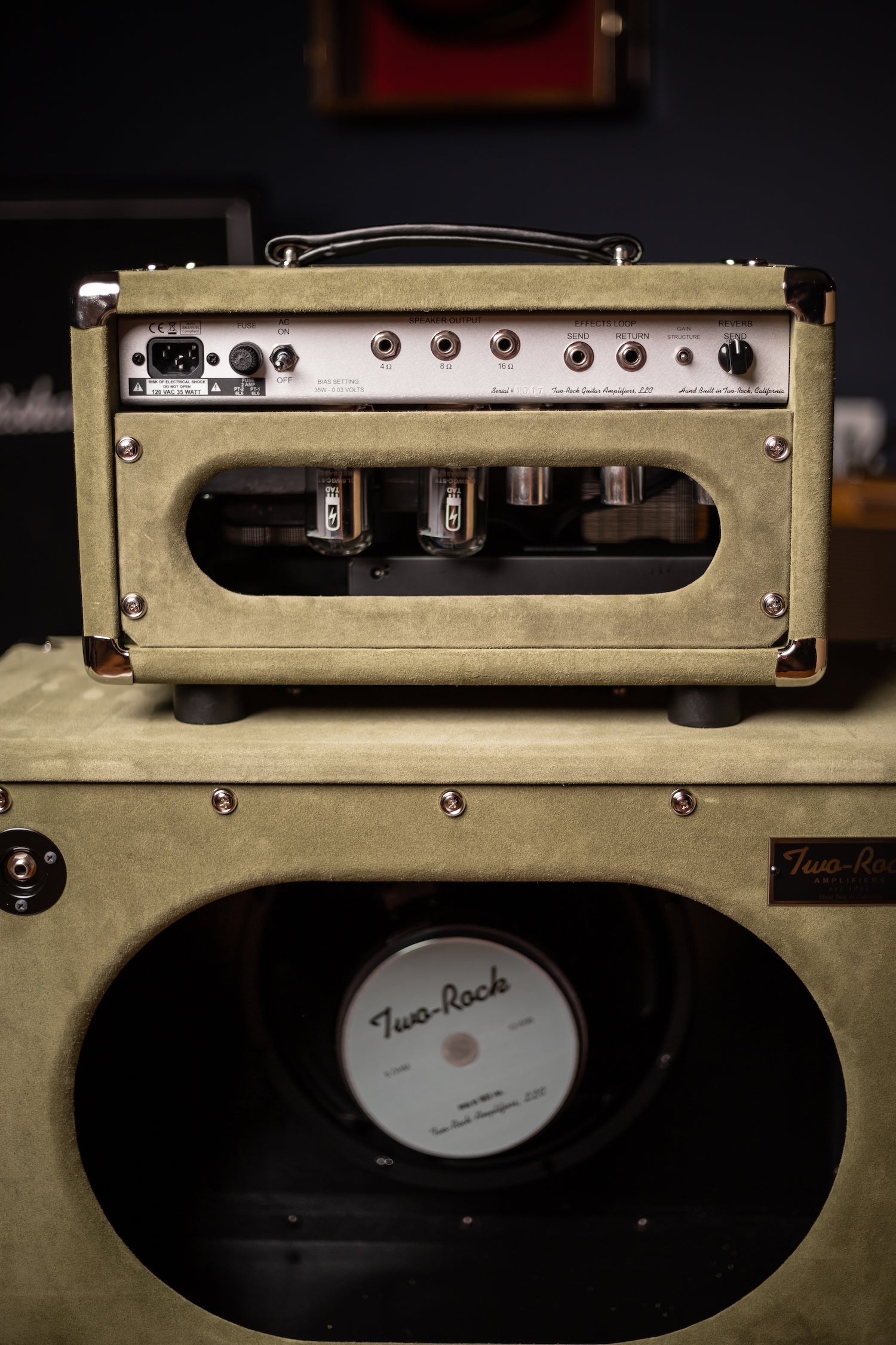 Two-Rock Studio Signature 35 Watt Tube Head and 12-65B 1x12 Extension Cabinet - Moss Green Suede, Silver Chassis, Vintage Gold Grill, Silver Knobs