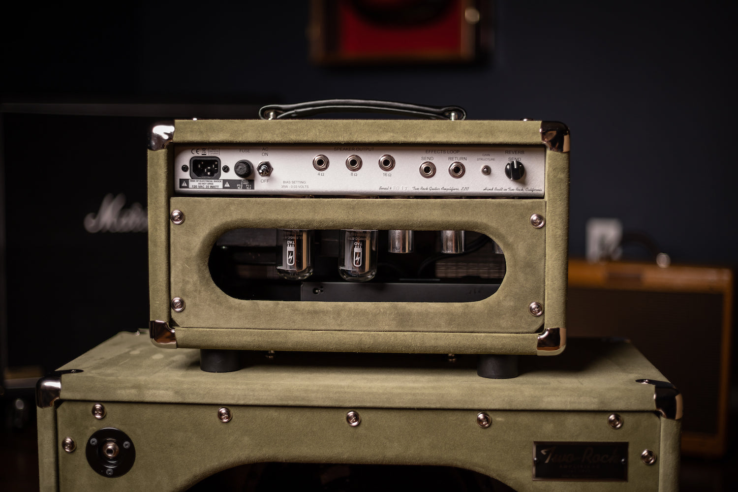 Two-Rock Studio Signature 35 Watt Tube Head and 12-65B 1x12 Extension Cabinet - Moss Green Suede, Silver Chassis, Vintage Gold Grill, Silver Knobs
