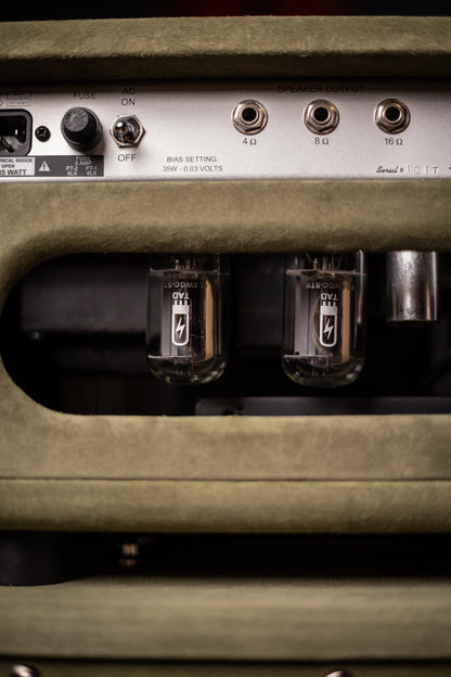 Two-Rock Studio Signature 35 Watt Tube Head and 12-65B 1x12 Extension Cabinet - Moss Green Suede, Silver Chassis, Vintage Gold Grill, Silver Knobs