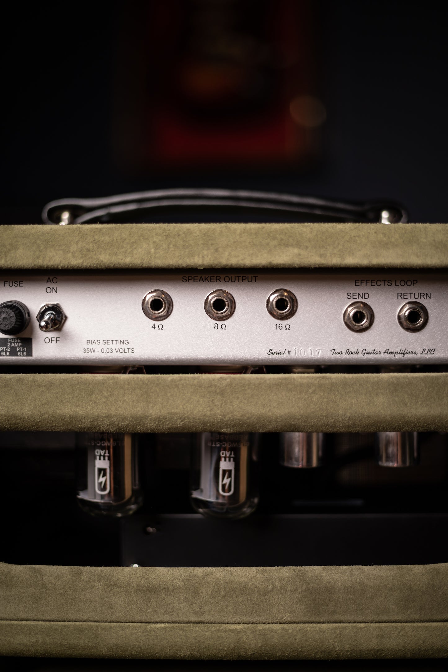 Two-Rock Studio Signature 35 Watt Tube Head and 12-65B 1x12 Extension Cabinet - Moss Green Suede, Silver Chassis, Vintage Gold Grill, Silver Knobs