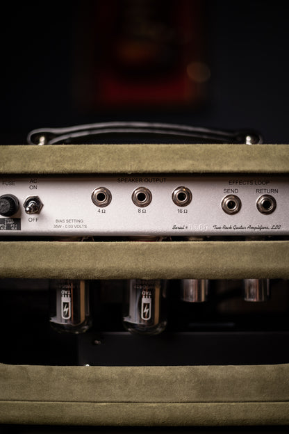 Two-Rock Studio Signature 35 Watt Tube Head and 12-65B 1x12 Extension Cabinet - Moss Green Suede, Silver Chassis, Vintage Gold Grill, Silver Knobs