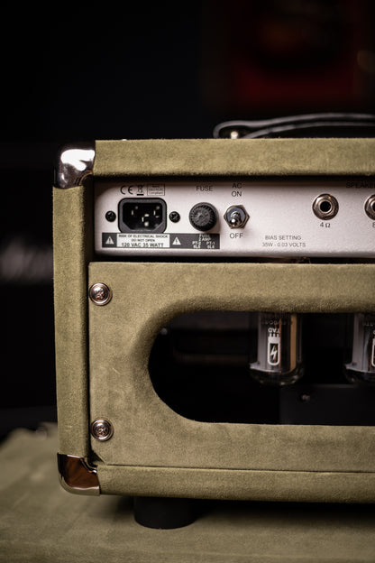 Two-Rock Studio Signature 35 Watt Tube Head and 12-65B 1x12 Extension Cabinet - Moss Green Suede, Silver Chassis, Vintage Gold Grill, Silver Knobs