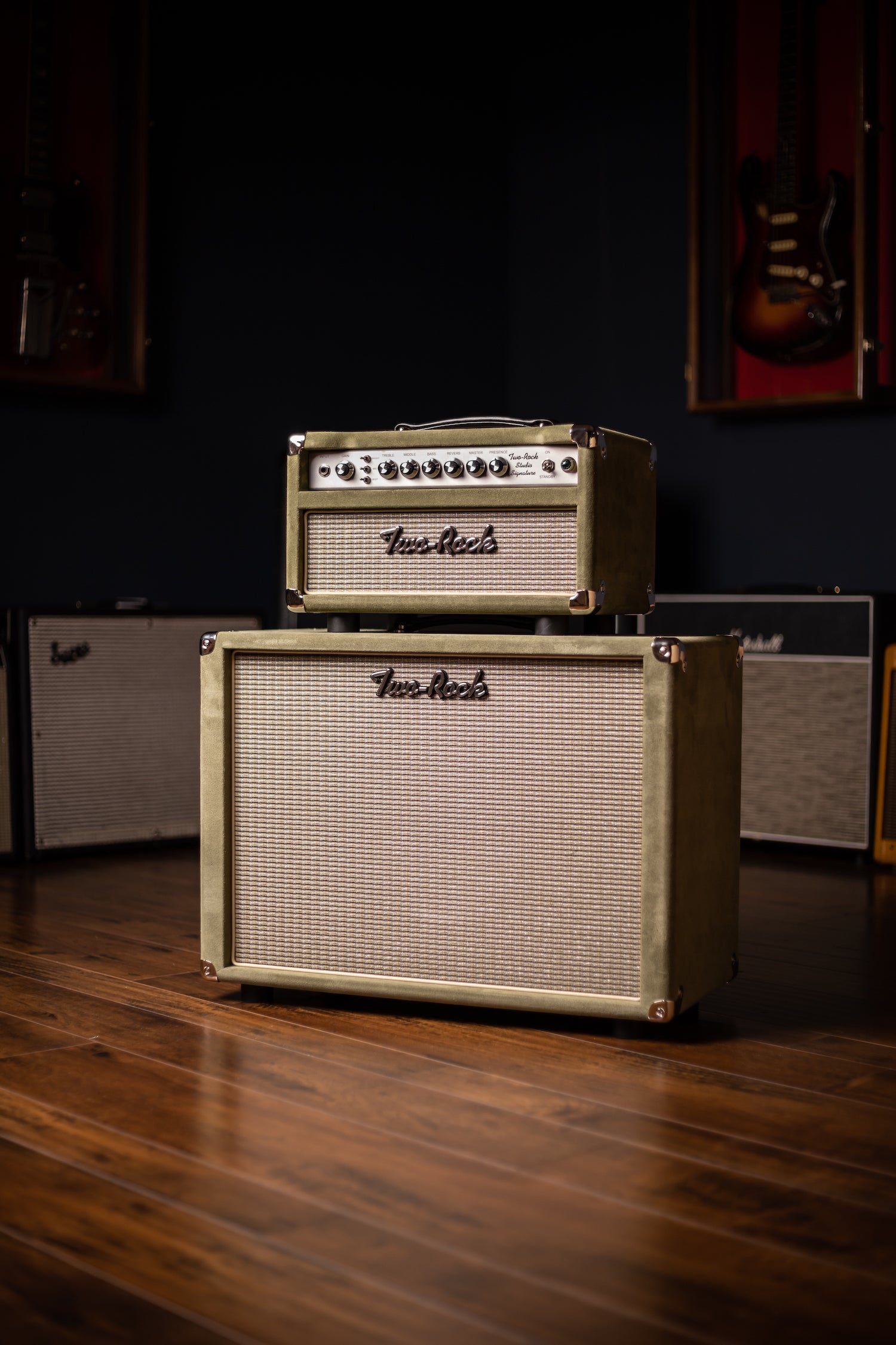 Two-Rock Studio Signature 35 Watt Tube Head and 12-65B 1x12 Extension Cabinet - Moss Green Suede, Silver Chassis, Vintage Gold Grill, Silver Knobs