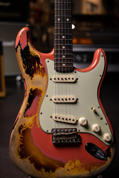 2020 Fender Custom Shop 60/63 Stratocaster Heavy Relic Electric Guitar  - Fiesta Red Over 3 Color Sunburst
