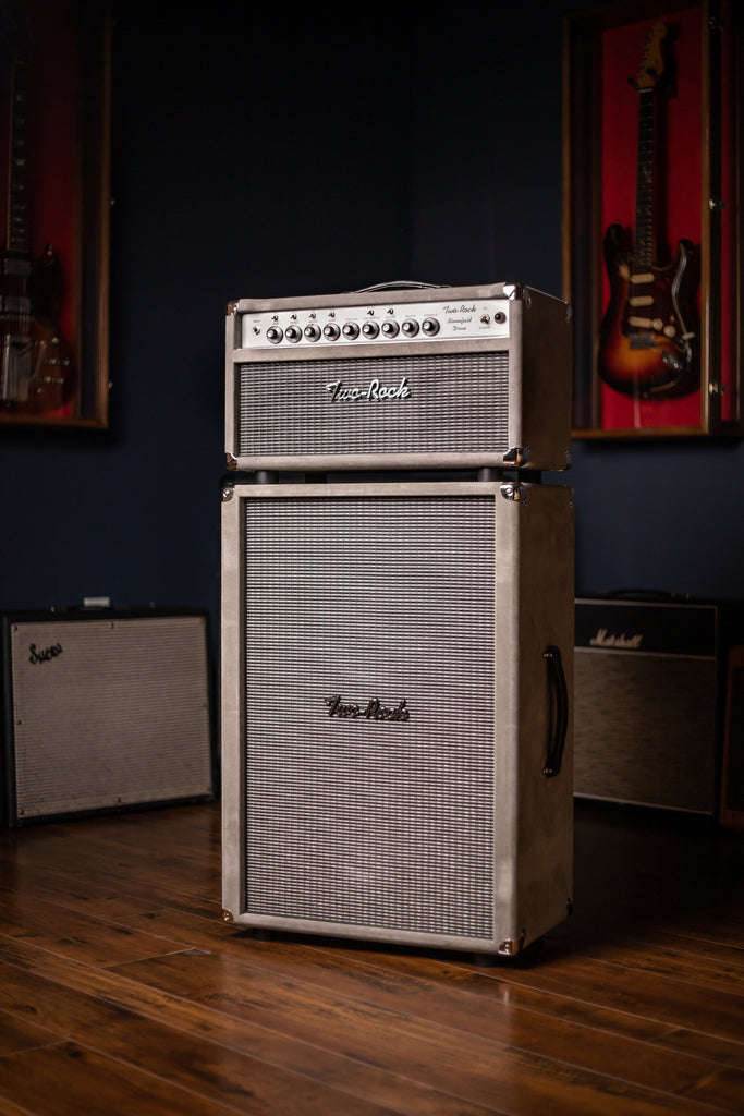 Two-Rock Bloomfield Drive 100/50w Tube Head and Cabinet - Grey Suede, Silver Cloth, Silver Anodized, Silver Skirt Knobs