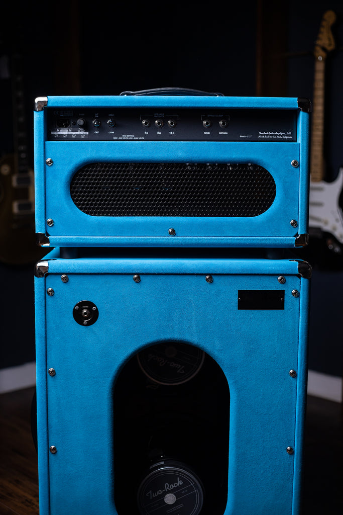 PRE-ORDER - Two-Rock Traditional Clean 100 Watt Tube Head and 12-65B 2x12 Extension Cabinet - Turquoise Suede, Cane Grill, Buckskin Piping, Silver Knobs