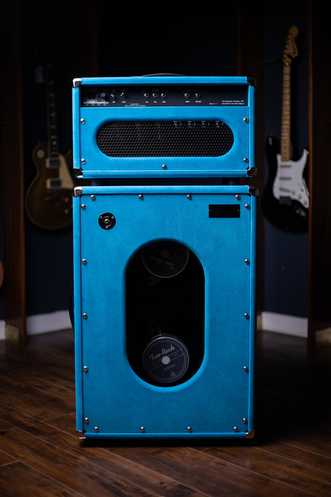 PRE-ORDER - Two-Rock Traditional Clean 100 Watt Tube Head and 12-65B 2x12 Extension Cabinet - Turquoise Suede, Cane Grill, Buckskin Piping, Silver Knobs