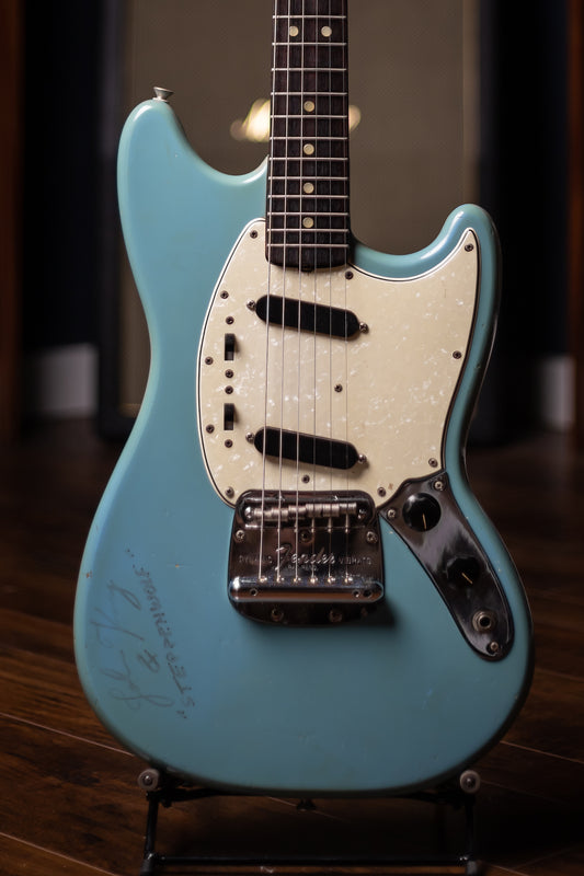 1966 Fender Mustang Signed By John Kay Of Steppenwolf Electric Guitar - Daphne Blue