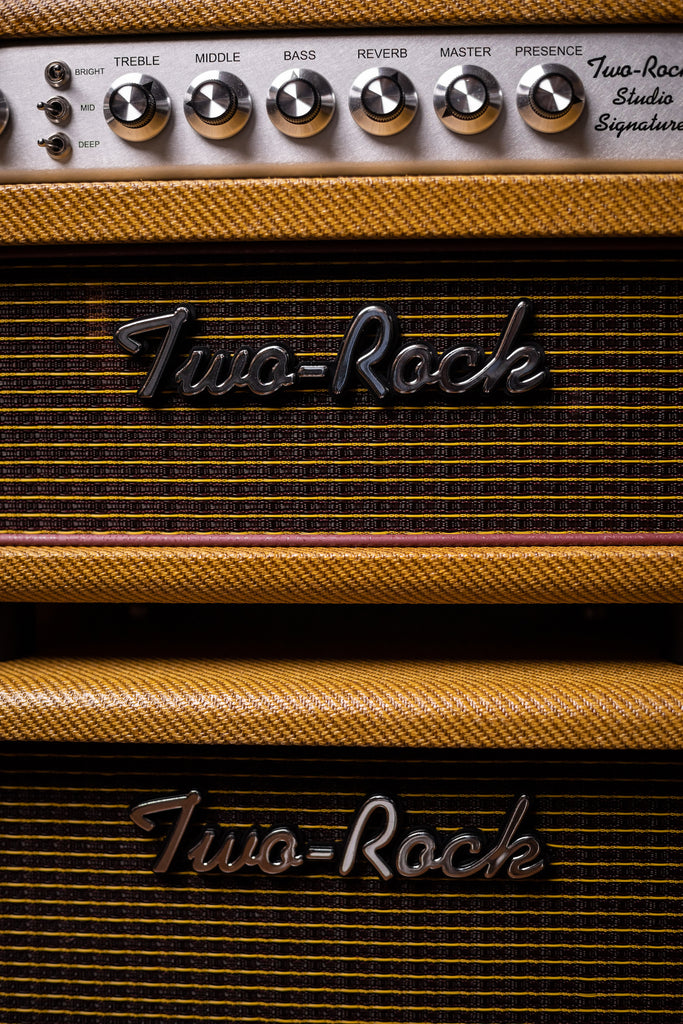 Two-Rock Studio Signature 35 Watt Tube Head and 12-65B 1x12 Extension Cabinet - Lacquered Tweed, Silver Chassis, Fender Style Oxblood Gold Stripe Grill, Black Knobs, Maroon Pipping