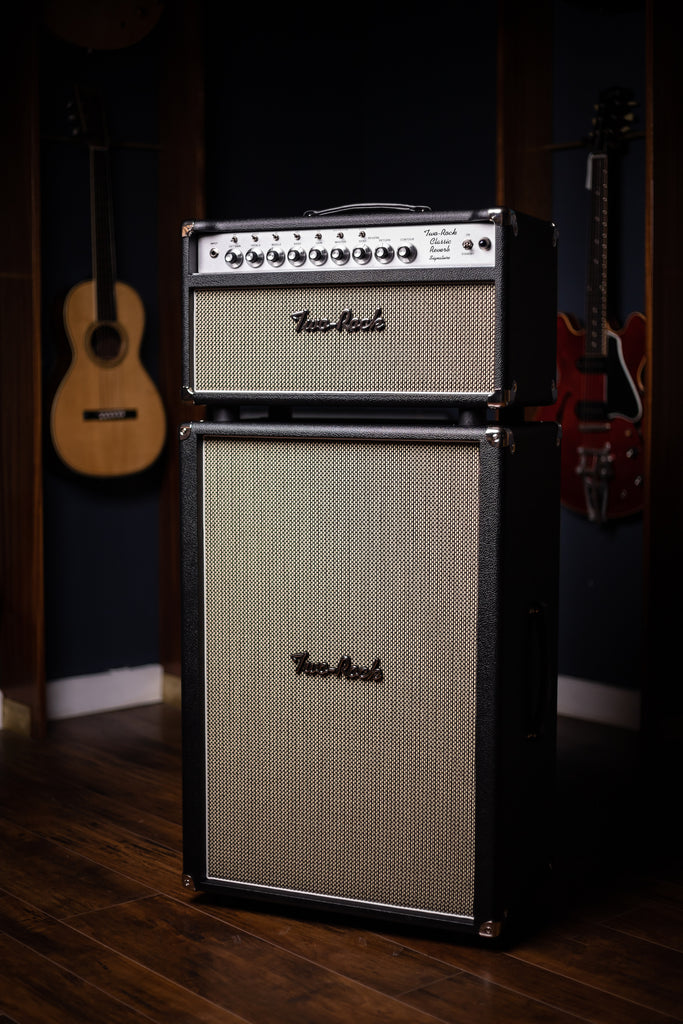 PRE-ORDER! Two-Rock Classic Reverb 100 Watt Tube Head and 12-65B 2x12 Extension Cabinet - Black Bronco Tolex, Salt & Pepper Grill, Silver Anodize, Silver Knobs, White Piping