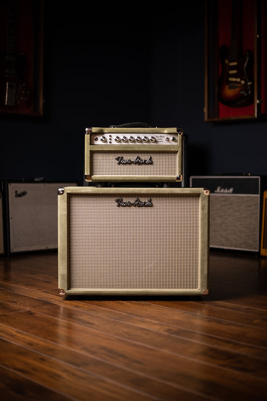 Two-Rock Studio Signature 35 Watt Tube Head and 12-65B 1x12 Extension Cabinet - Moss Green Suede, Silver Chassis, Vintage Gold Grill, Silver Knobs