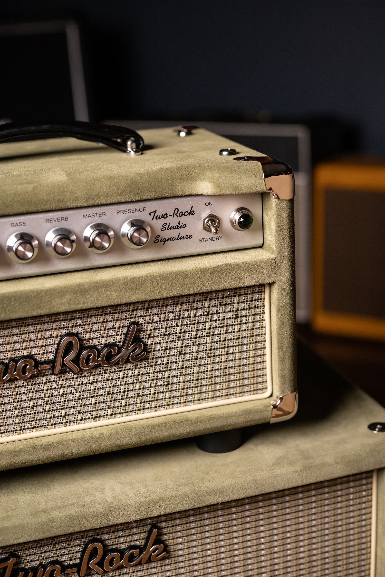 Two-Rock Studio Signature 35 Watt Tube Head and 12-65B 1x12 Extension Cabinet - Moss Green Suede, Silver Chassis, Vintage Gold Grill, Silver Knobs