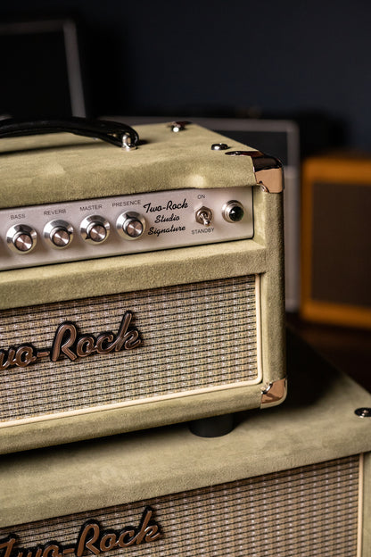 Two-Rock Studio Signature 35 Watt Tube Head and 12-65B 1x12 Extension Cabinet - Moss Green Suede, Silver Chassis, Vintage Gold Grill, Silver Knobs