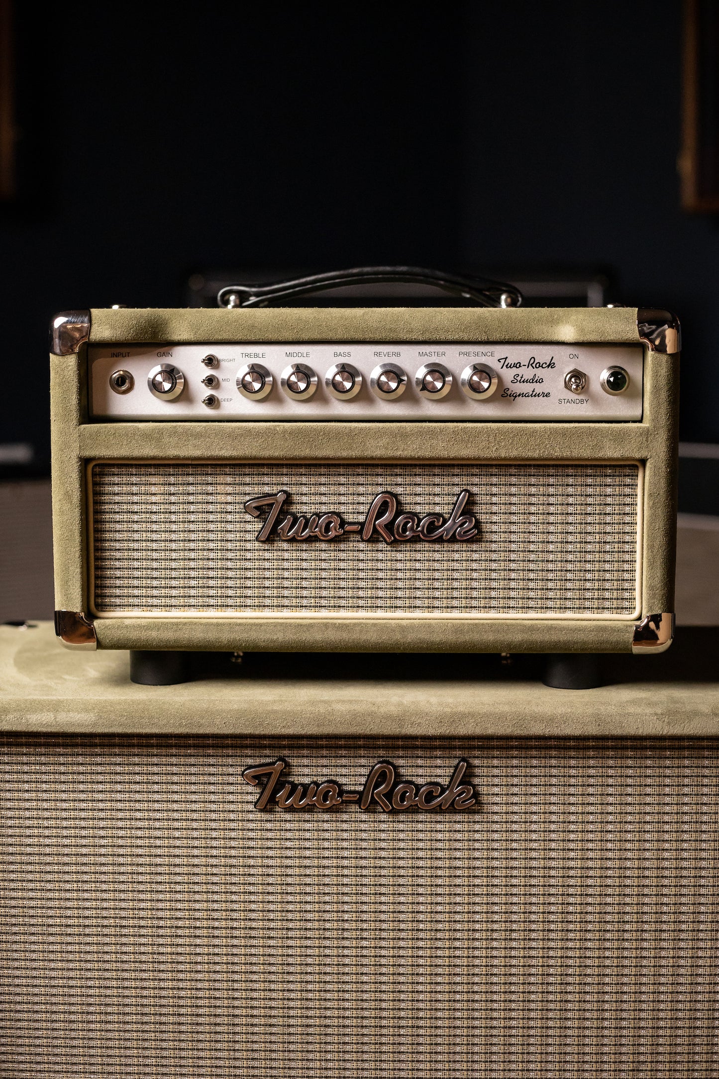 Two-Rock Studio Signature 35 Watt Tube Head and 12-65B 1x12 Extension Cabinet - Moss Green Suede, Silver Chassis, Vintage Gold Grill, Silver Knobs