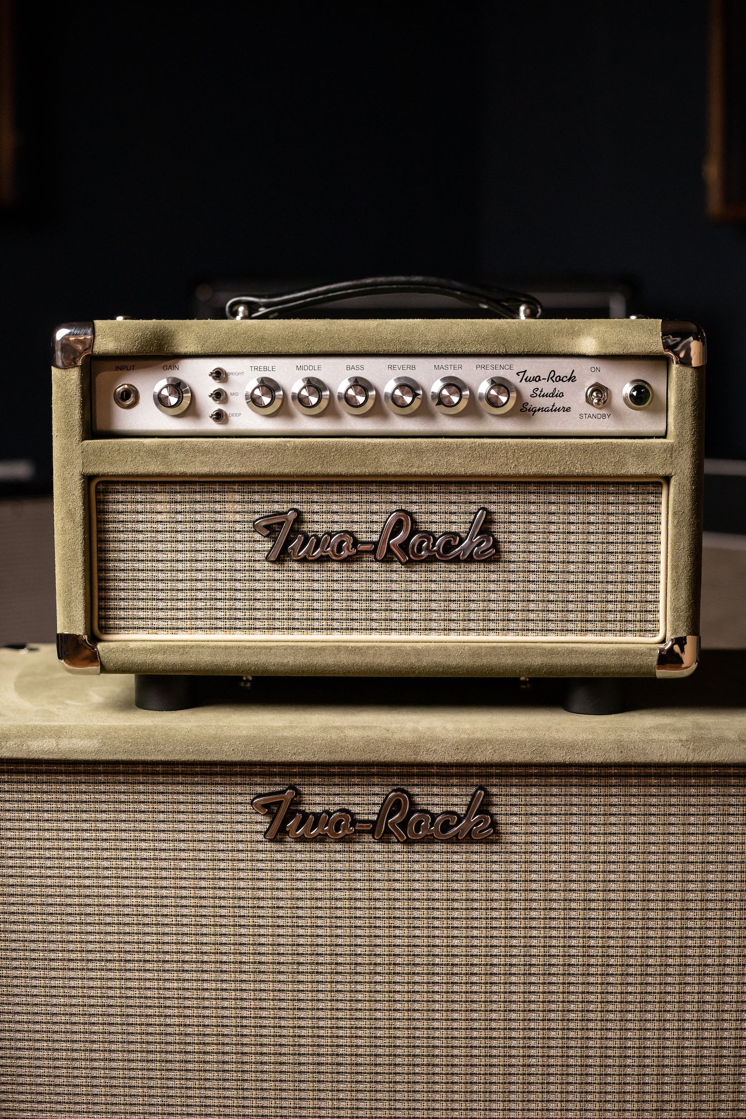 Two-Rock Studio Signature 35 Watt Tube Head and 12-65B 1x12 Extension Cabinet - Moss Green Suede, Silver Chassis, Vintage Gold Grill, Silver Knobs