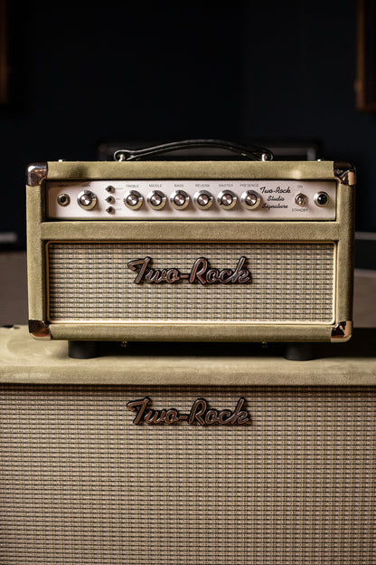 Two-Rock Studio Signature 35 Watt Tube Head and 12-65B 1x12 Extension Cabinet - Moss Green Suede, Silver Chassis, Vintage Gold Grill, Silver Knobs