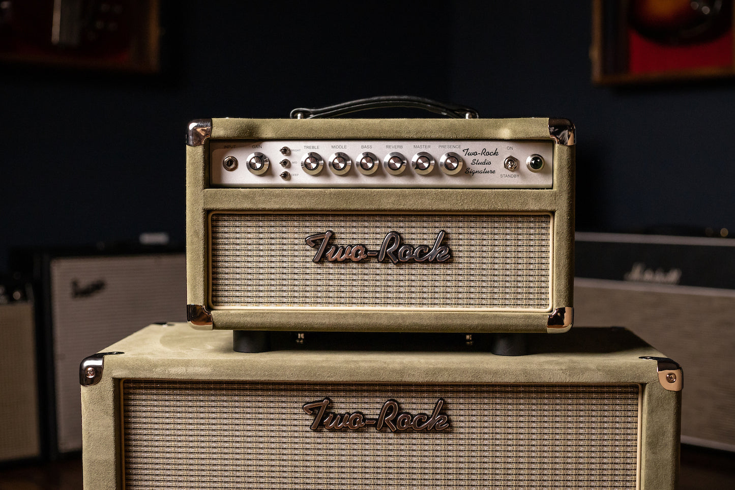 Two-Rock Studio Signature 35 Watt Tube Head and 12-65B 1x12 Extension Cabinet - Moss Green Suede, Silver Chassis, Vintage Gold Grill, Silver Knobs