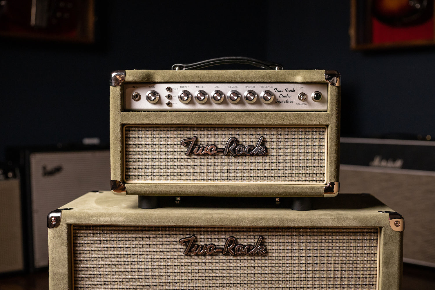 Two-Rock Studio Signature 35 Watt Tube Head and 12-65B 1x12 Extension Cabinet - Moss Green Suede, Silver Chassis, Vintage Gold Grill, Silver Knobs
