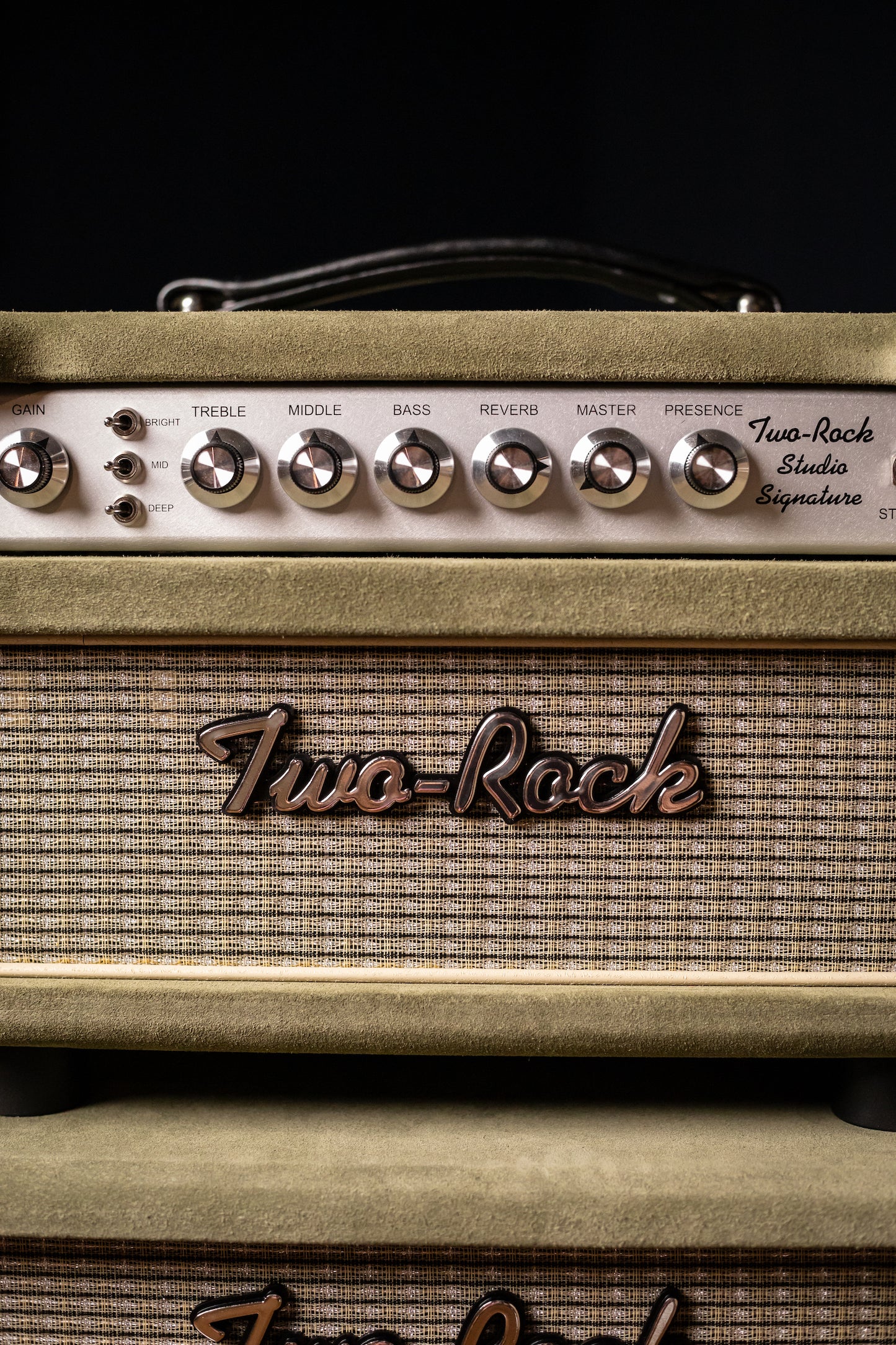 Two-Rock Studio Signature 35 Watt Tube Head and 12-65B 1x12 Extension Cabinet - Moss Green Suede, Silver Chassis, Vintage Gold Grill, Silver Knobs