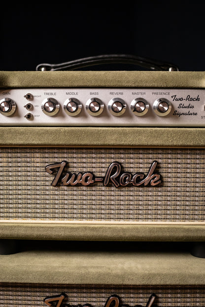 Two-Rock Studio Signature 35 Watt Tube Head and 12-65B 1x12 Extension Cabinet - Moss Green Suede, Silver Chassis, Vintage Gold Grill, Silver Knobs