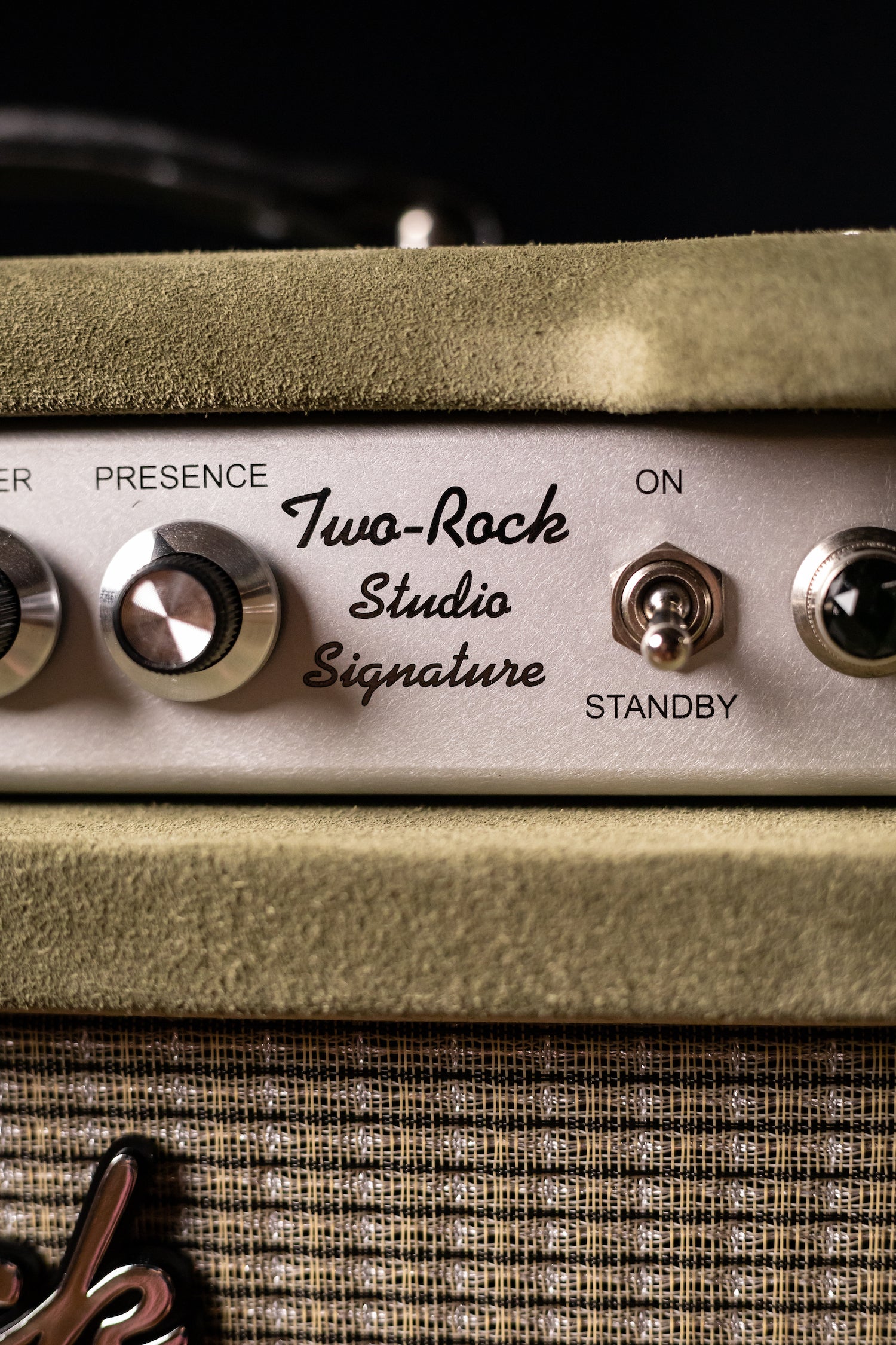 Two-Rock Studio Signature 35 Watt Tube Head and 12-65B 1x12 Extension Cabinet - Moss Green Suede, Silver Chassis, Vintage Gold Grill, Silver Knobs