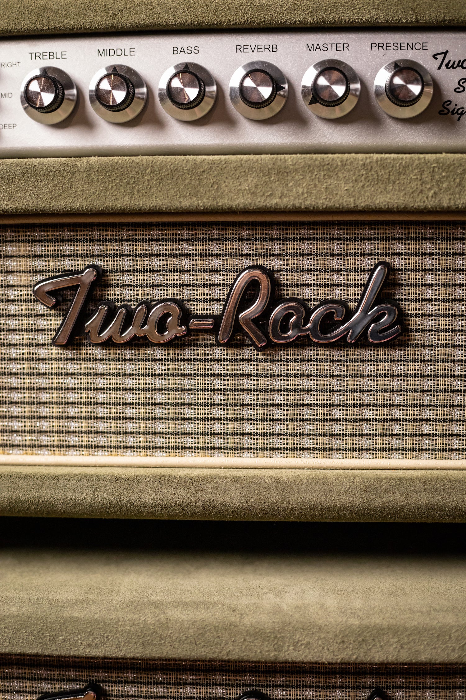 Two-Rock Studio Signature 35 Watt Tube Head and 12-65B 1x12 Extension Cabinet - Moss Green Suede, Silver Chassis, Vintage Gold Grill, Silver Knobs