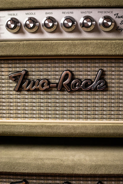 Two-Rock Studio Signature 35 Watt Tube Head and 12-65B 1x12 Extension Cabinet - Moss Green Suede, Silver Chassis, Vintage Gold Grill, Silver Knobs