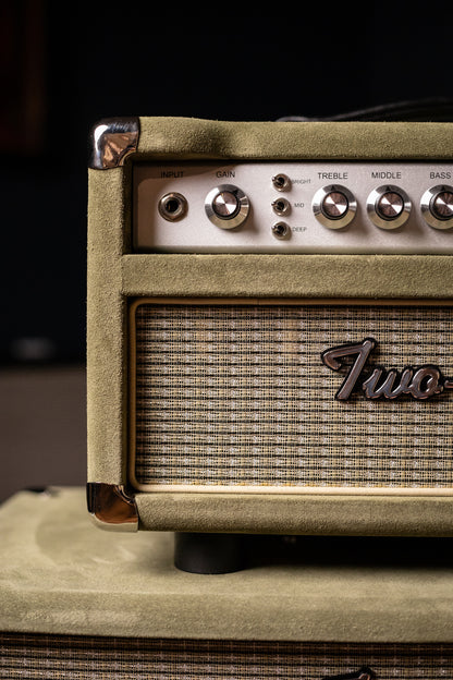 Two-Rock Studio Signature 35 Watt Tube Head and 12-65B 1x12 Extension Cabinet - Moss Green Suede, Silver Chassis, Vintage Gold Grill, Silver Knobs