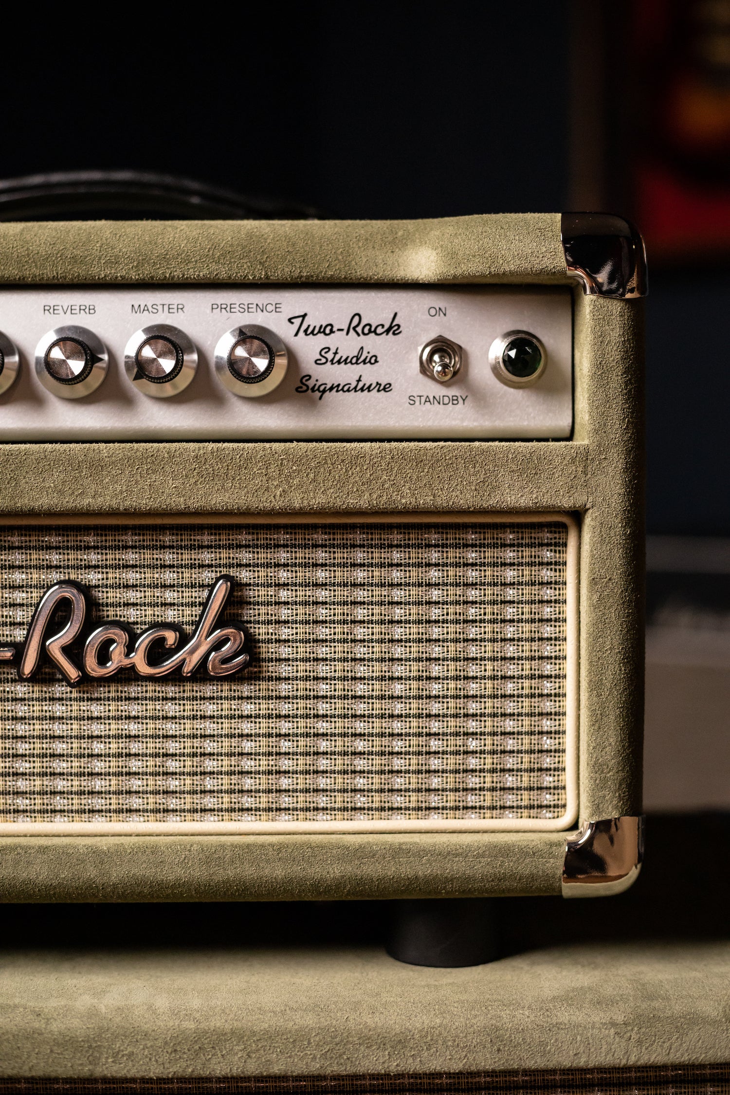 Two-Rock Studio Signature 35 Watt Tube Head and 12-65B 1x12 Extension Cabinet - Moss Green Suede, Silver Chassis, Vintage Gold Grill, Silver Knobs