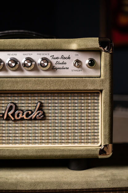 Two-Rock Studio Signature 35 Watt Tube Head and 12-65B 1x12 Extension Cabinet - Moss Green Suede, Silver Chassis, Vintage Gold Grill, Silver Knobs