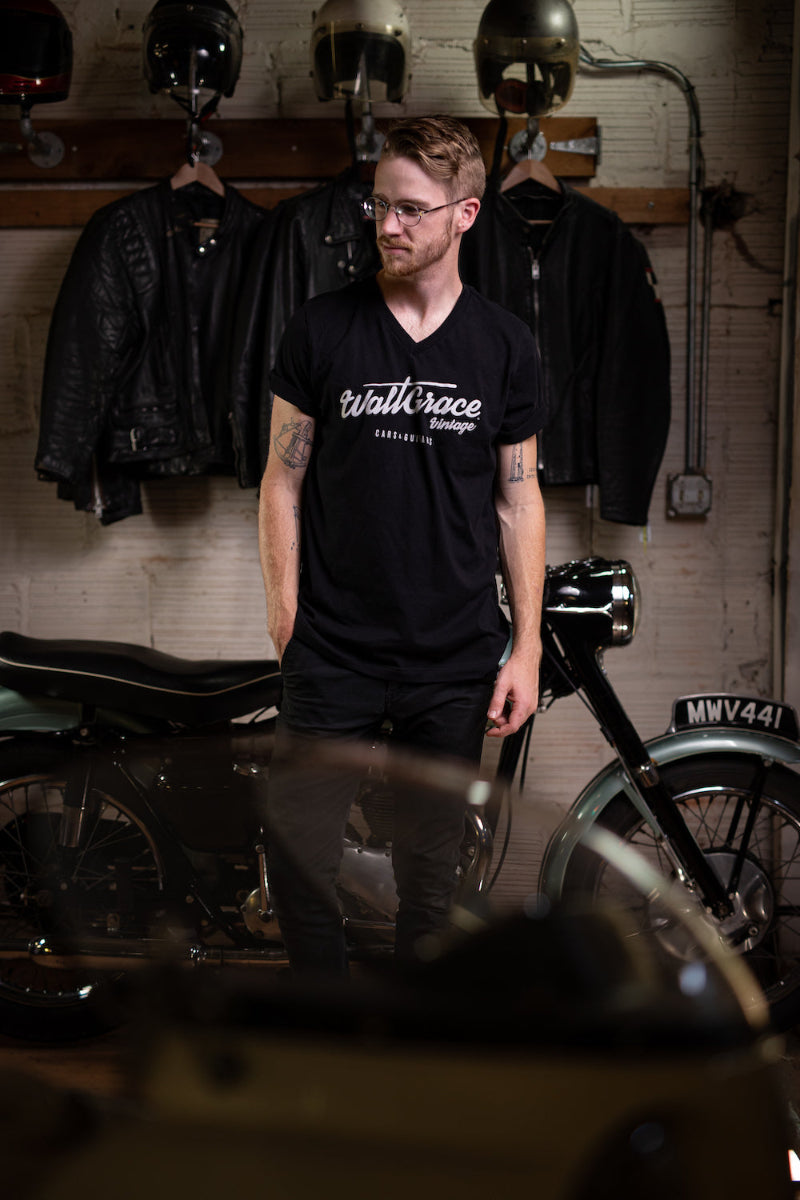 Walt Grace Vintage Logo V Neck T-Shirt - Black - Walt Grace Vintage