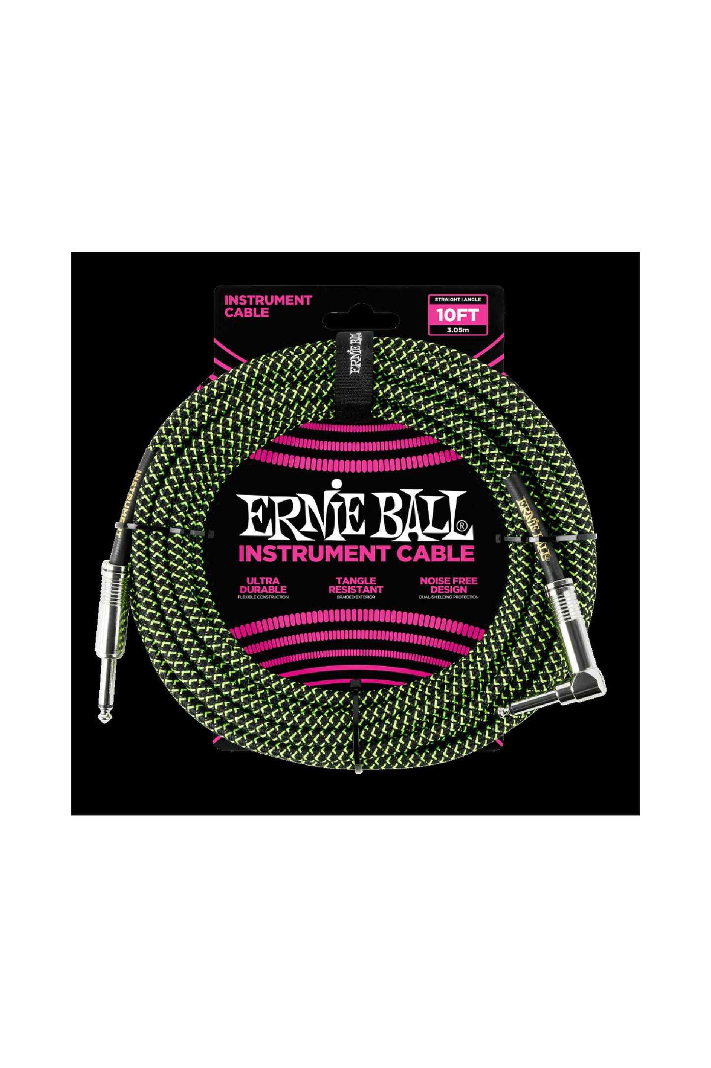 Ernie Ball Braided Instrument Cable 10' - Black/ Green