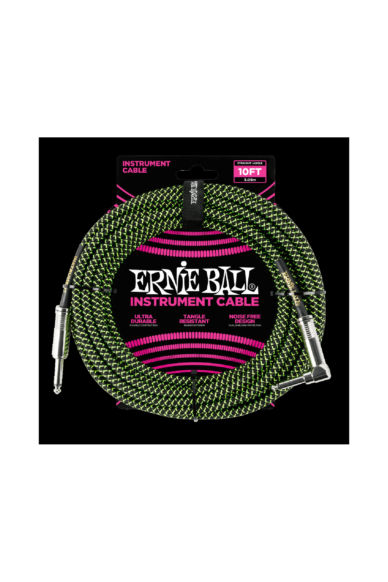 Ernie Ball Braided Instrument Cable 10' - Black/ Green