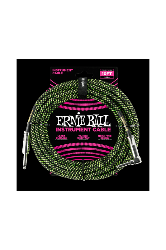 Ernie Ball Braided Instrument Cable 10' - Black/ Green