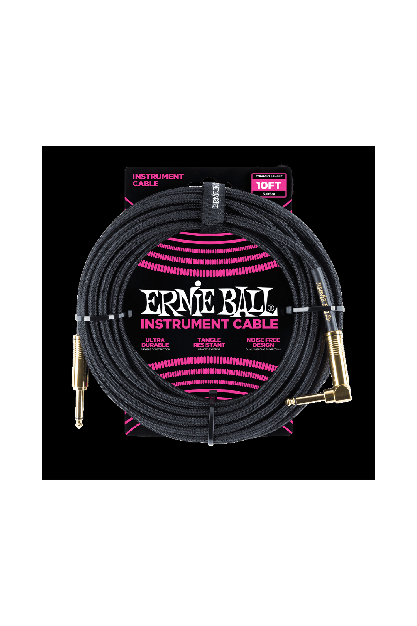 Ernie Ball Instrument Cable 10' Gold Connectors Angle/Straight - Black