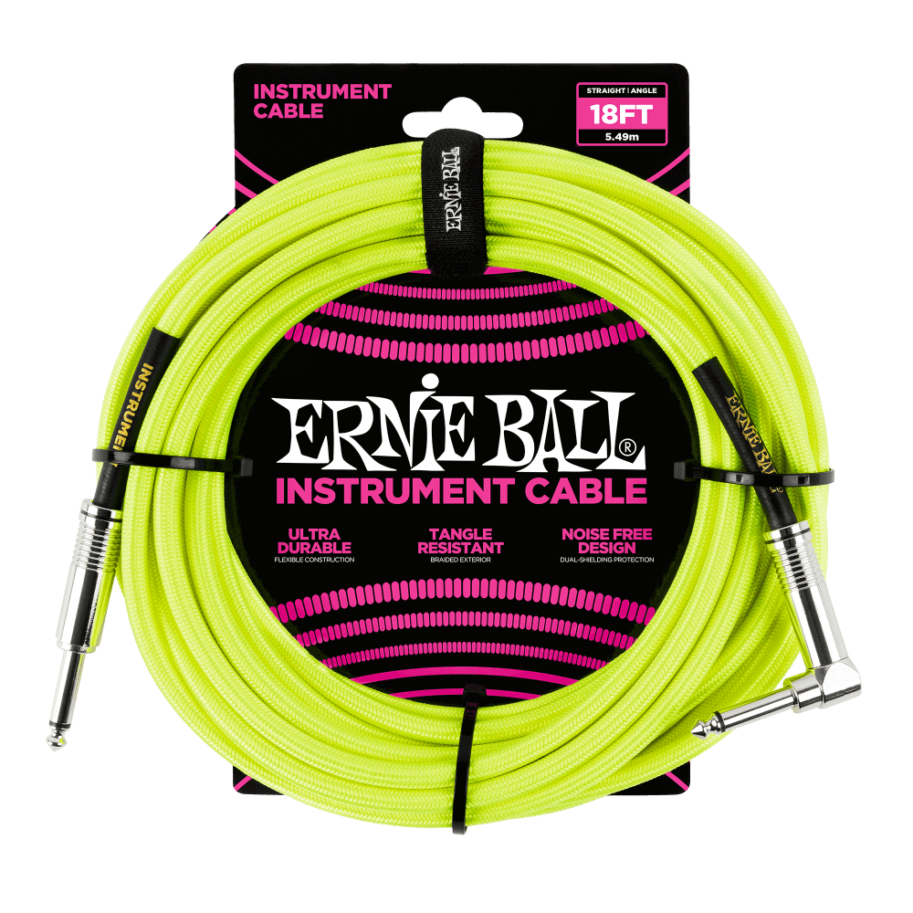 Ernie Ball Braided Instrument Cable 18' - Neon Yellow - Walt Grace Vintage