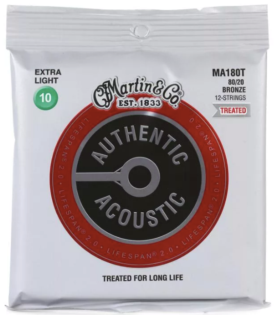 Martin MA180T Authentic Acoustic Lifespan 2.0 Treated Guitar Strings - 80/20 Bronze 12 String Extra Light - Walt Grace Vintage