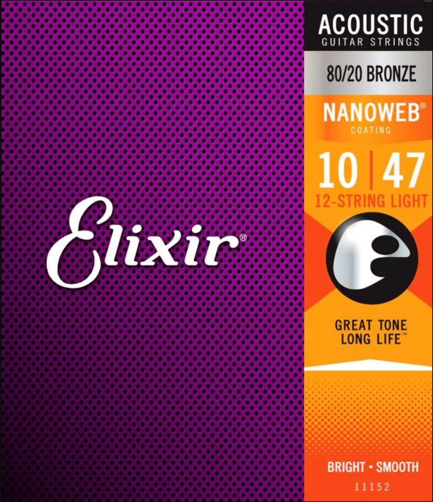 Elixir Strings Nanoweb 80/20 Acoustic Guitar 12-Strings .010-.047 Extra Light