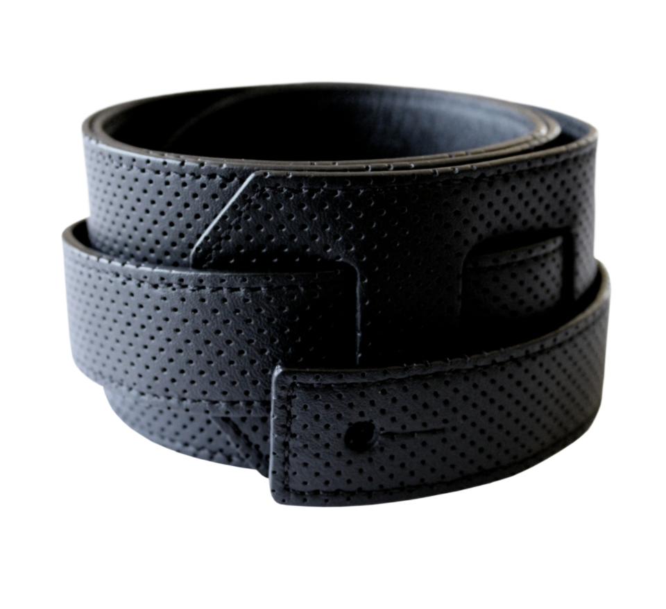 Laurence Kenyon Wide Guitar Strap in "Sports Car" Perforated Black Leather